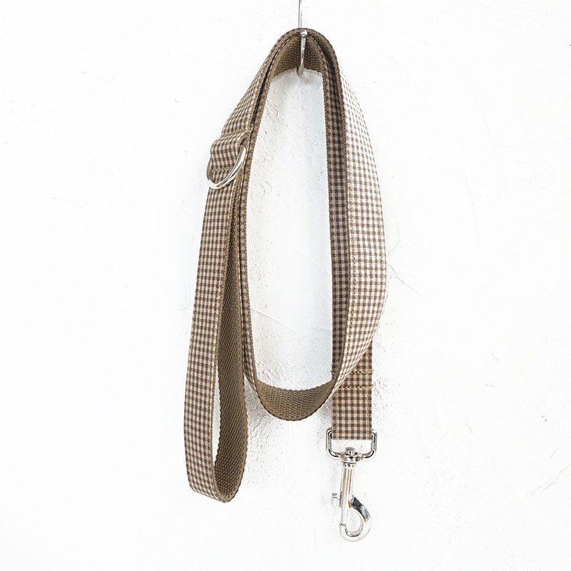Elegant Bow Tie Dog Collar Set – Brown Plaid Collar with Matching Leash for Stylish Pets