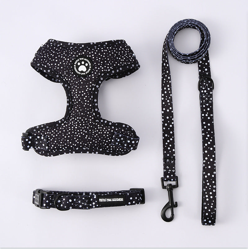 Black & White Polka Dot Dog Harness Set โ Adjustable Collar and Leash for Small & Medium Dogs