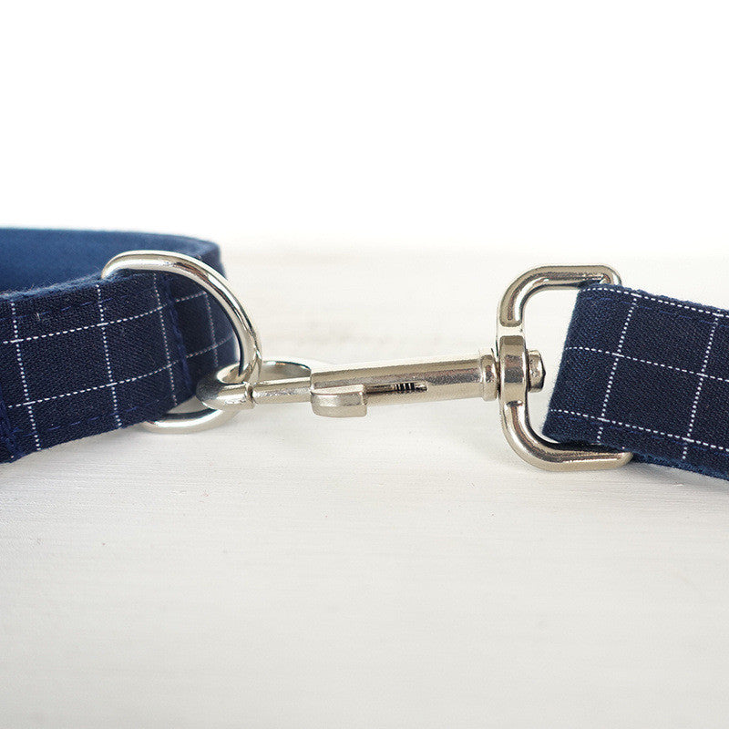 Blue Suit Plaid Dog Collar + Bow Tie + Leash Set | Elegant Pet Walking Set