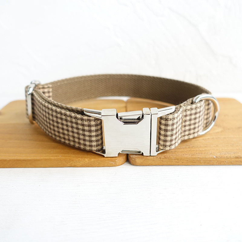Elegant Bow Tie Dog Collar Set – Brown Plaid Collar with Matching Leash for Stylish Pets