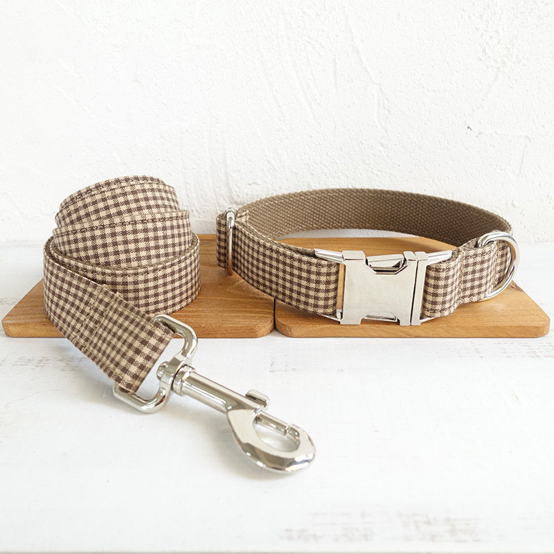 Elegant Bow Tie Dog Collar Set – Brown Plaid Collar with Matching Leash for Stylish Pets