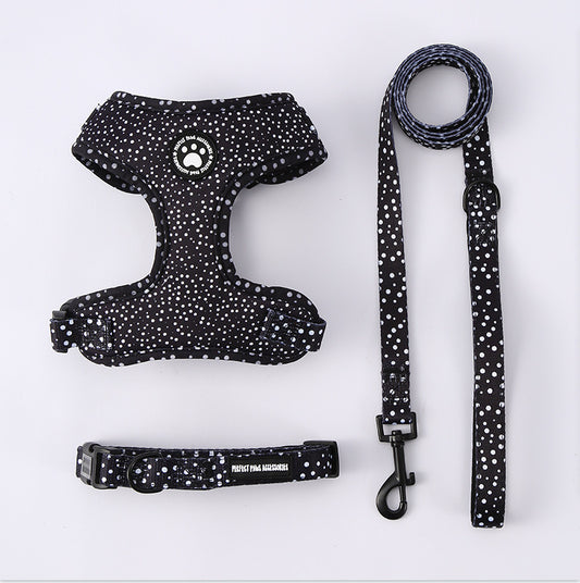 Black & White Polka Dot Dog Harness Set – Adjustable Collar and Leash for Small & Medium Dogs