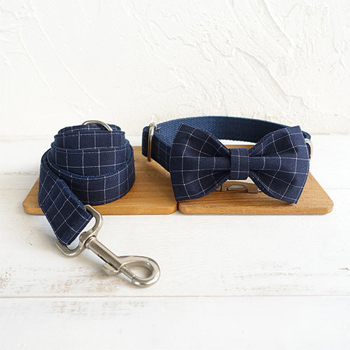 Blue Suit Plaid Dog Collar + Bow Tie + Leash Set | Elegant Pet Walking Set