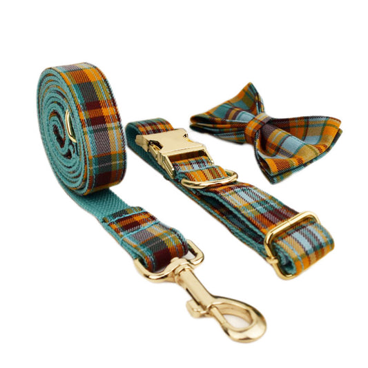 Plaid Dog Collar + Bow Tie + Leash Set | Classic &amp; Stylish Pet Walking Set