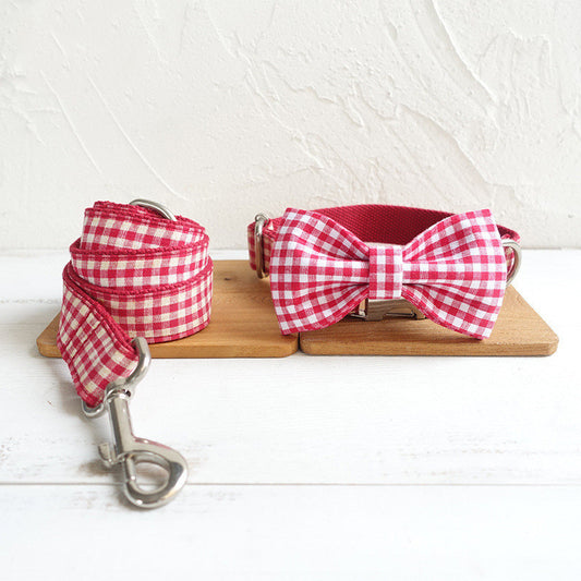 Elegant Bow Tie Dog Collar Set – Red Plaid Collar with Matching Leash for Stylish Pets