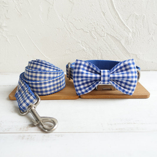 Elegant Bow Tie Dog Collar Set – Blue Plaid Collar with Matching Leash for Stylish Pets