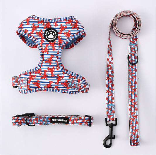 3-in-1 Dog Walking Set – Red Lobster Pattern Harness, Leash & Collar for Small and Medium Dogs