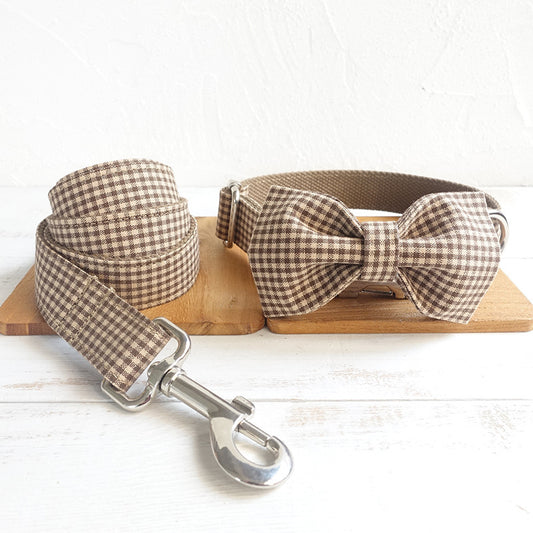 Elegant Bow Tie Dog Collar Set – Brown Plaid Collar with Matching Leash for Stylish Pets